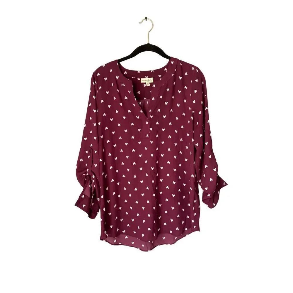 Maison Jules Women’s burgundy/cream hearts roll Tad sleeve blouse size medium